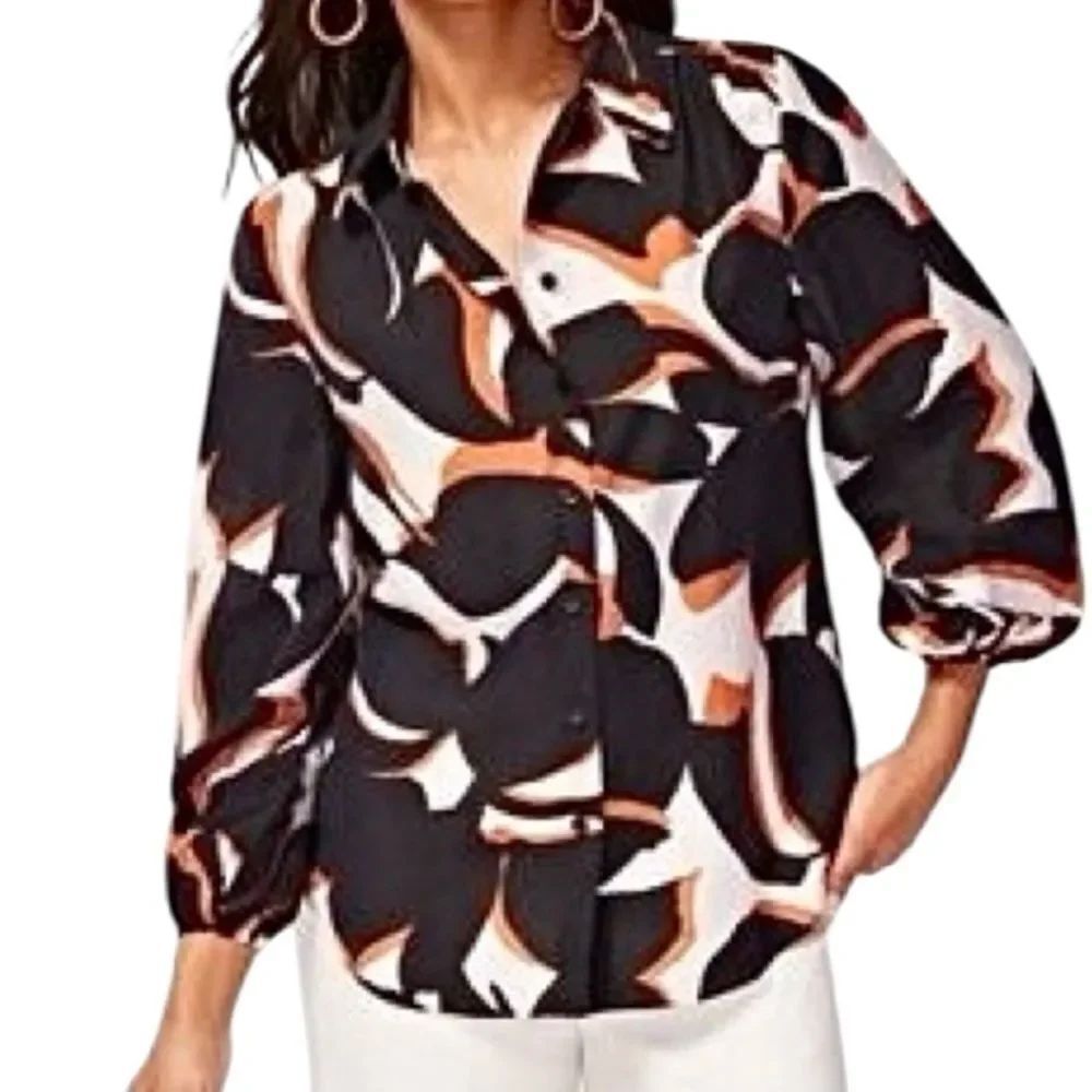 NWT Chico’s Santa Maria blouse Abstract Black and Orange Women's Top size 14